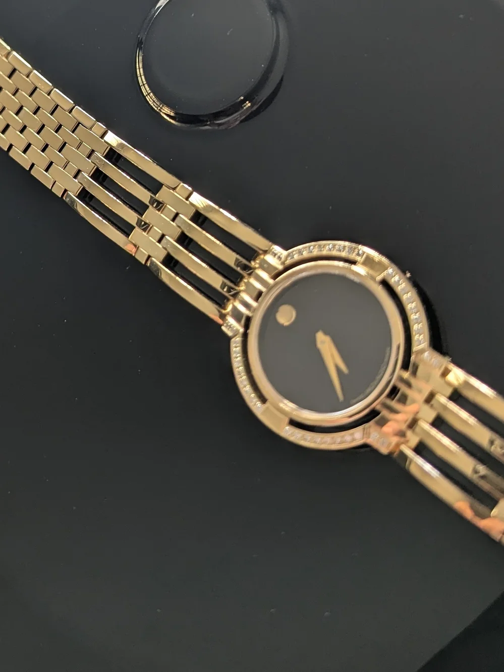 Movado Watch Women’s Gold Black Dial Diamond Bracelet $2795